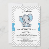Virtual Blue Elephant Chevron Glitter Baby Shower Invitation