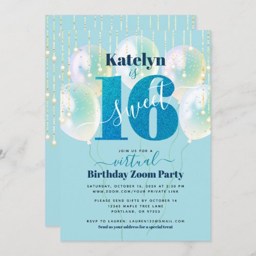 Virtual Blue Glitter Sweet 16 Birthday Balloons Invitation