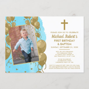 Virtual Blue Gold Baptism 1st Birthday Text Photo Invitation