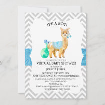 Virtual Blue Llama Chevron Glitter Baby Shower Invitation