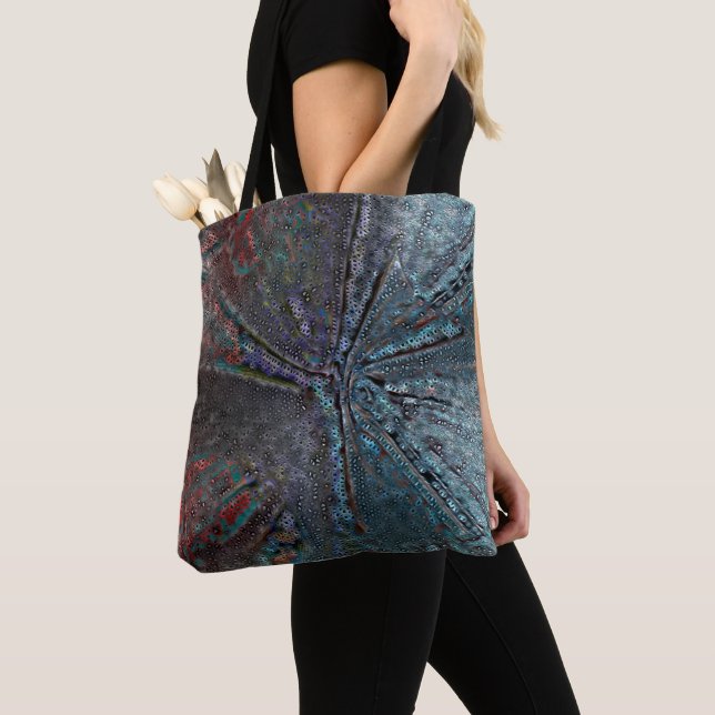 Virtual blue mold and rust on holey crooked mosaic tote bag (Close Up)