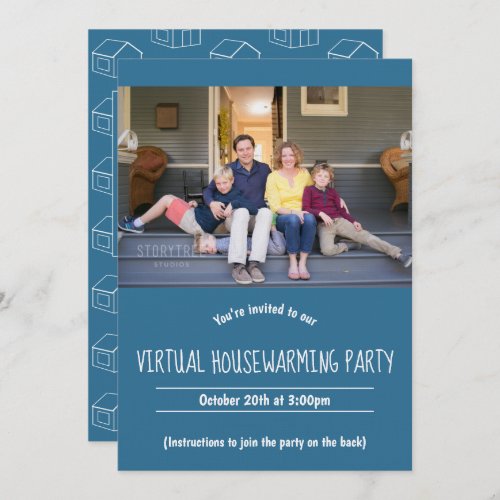 Virtual Blue White Housewarming Photo Invitation