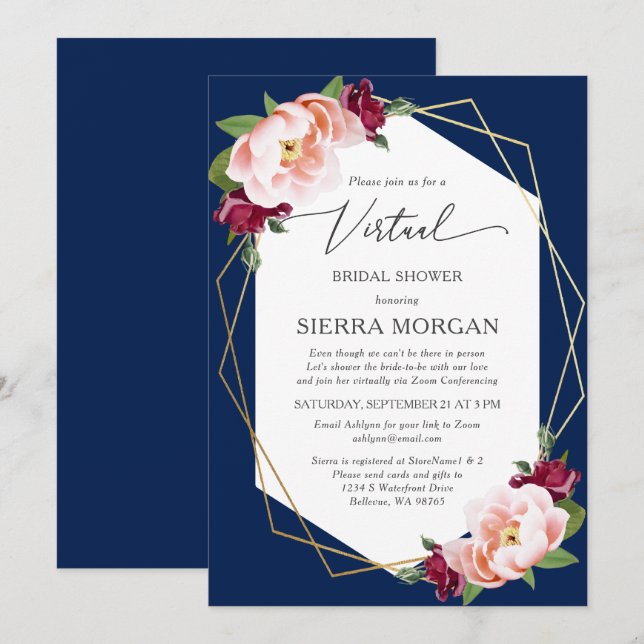 Virtual Blush Burgundy Gold Navy Bridal Shower Invitation (Front/Back)