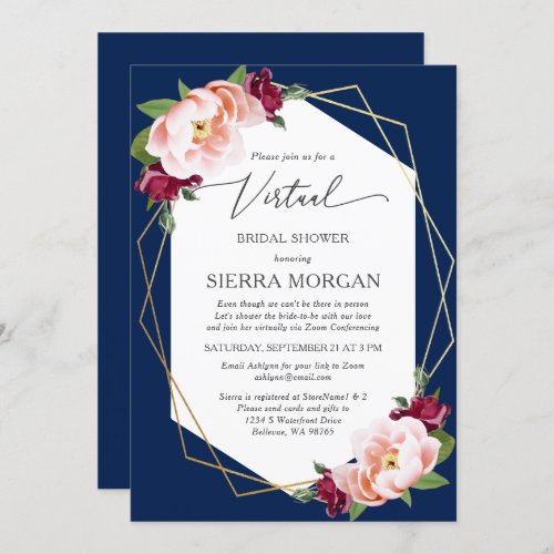 Virtual Blush Burgundy Gold Navy Bridal Shower Invitation