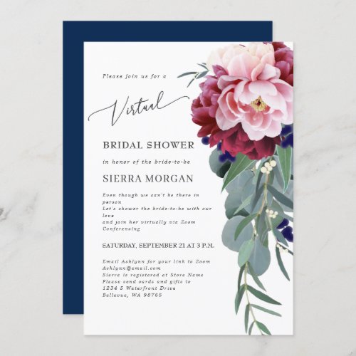 Virtual Blush Burgundy Navy Blue Bridal Shower Invitation