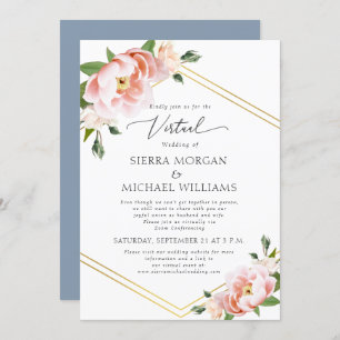 Virtual Blush Floral Gold Dusty Blue Wedding Invitation