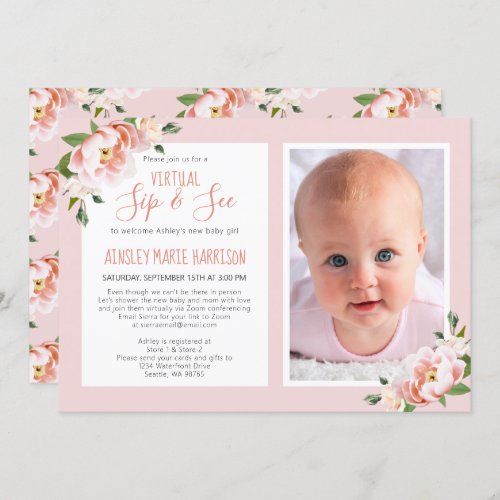Virtual Blush Pink Floral Photo Baby Girl Shower Invitation