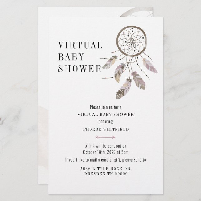 Virtual Boho Dream Catcher Baby Shower Invitation Stationery (Front/Back)