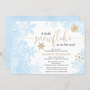 Virtual boy baby shower blue gold little snowflake invitation