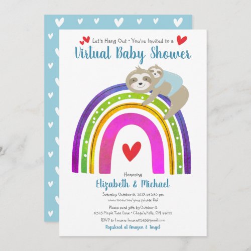 Virtual Boy Baby Shower Cute Sloths  Boho Rainbow Invitation