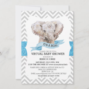 Virtual Boy Elephant Chevron Glitter Baby Shower Invitation