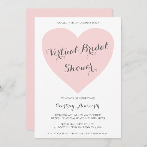 Virtual Bridal Shower Cute Pastel Pink Heart Invitation