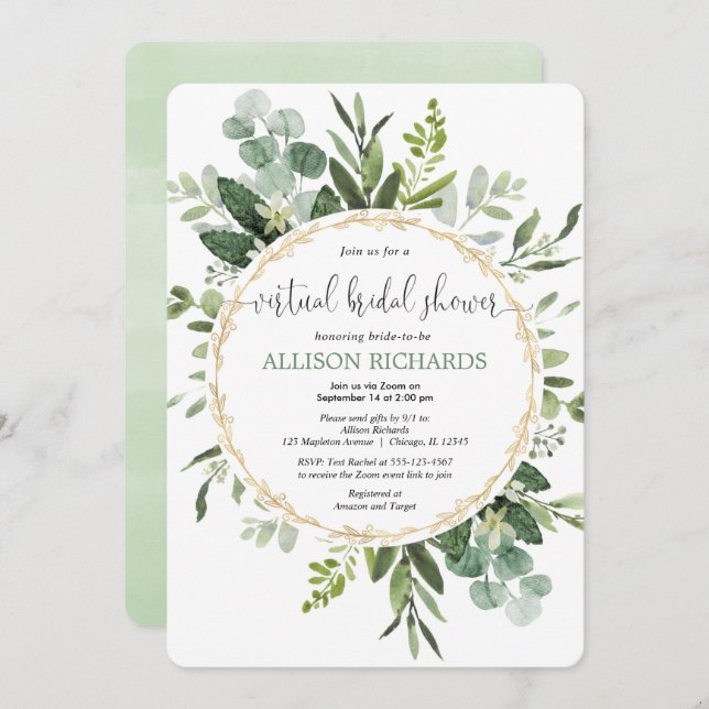 Virtual bridal shower greenery gold eucalyptus invitation (Front/Back)