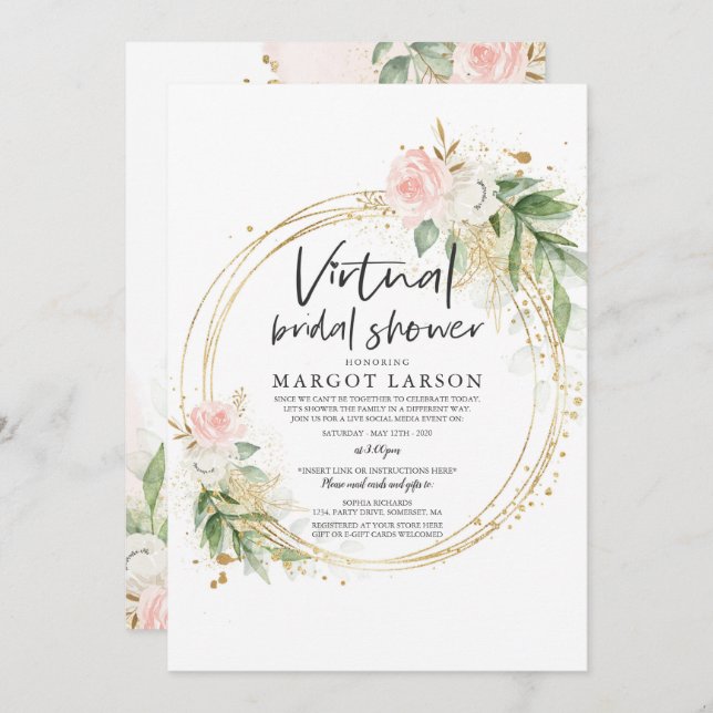 Virtual Bridal Shower Invitation Greenery & Gold (Front/Back)