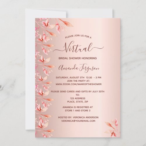 Virtual bridal shower rose gold fall botanical invitation