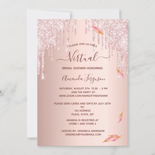 Virtual bridal shower rose gold fall glitter drips invitation