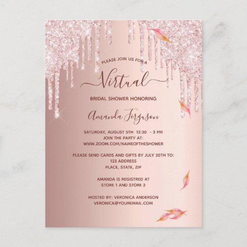 Virtual bridal shower rose gold fall invitation postcard