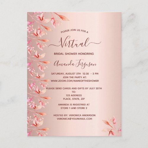 Virtual bridal shower rose gold fall invitation postcard