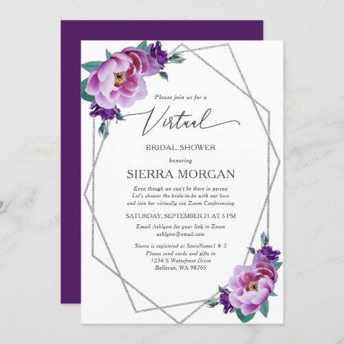 Virtual Bridal Shower Silver Purple Floral Peony Invitation