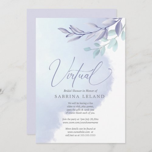 Virtual Bridal Shower SkyBlue Lilac Watercolor Invitation