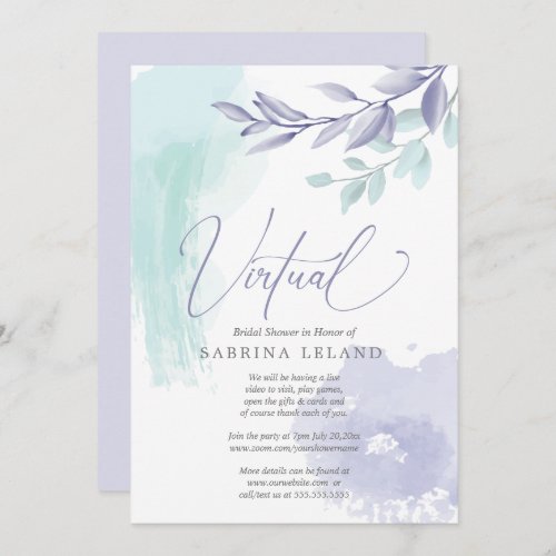 Virtual Bridal Shower Teal Lilac Watercolor Invitation