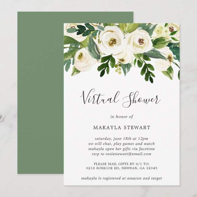 Virtual Bridal Shower White Floral Greenery Invitation (Front/Back)