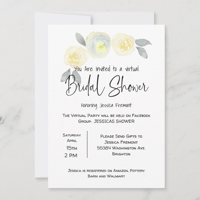 Virtual Bridal Wedding Shower Facebook Yellow Gray Announcement (Front)
