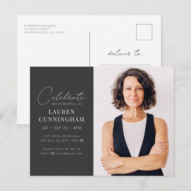 Virtual Celebrate Her Life Modern Simple Photo Invitation Postcard (Front/Back)