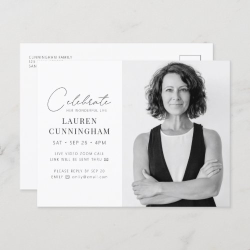 Virtual Celebrate Her Life Modern Simple Photo Invitation Postcard