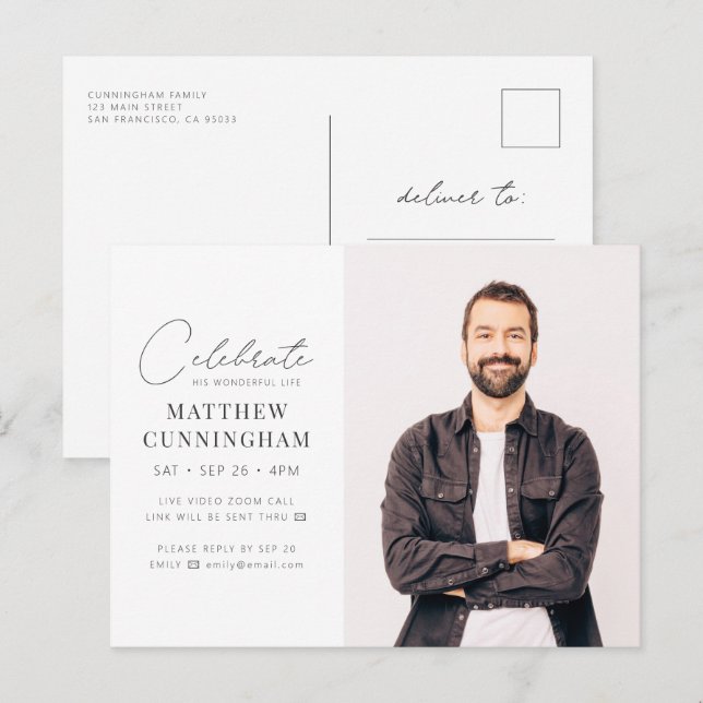 Virtual Celebrate His Life Modern Simple Photo Invitation Postcard (Front/Back)
