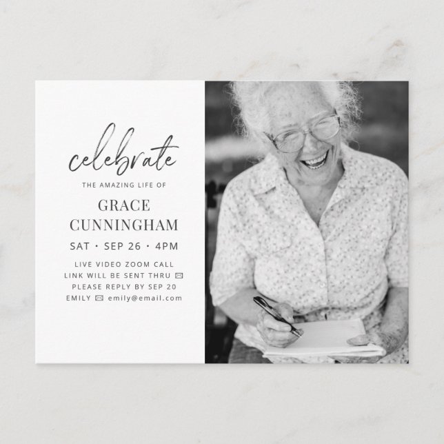 Virtual Celebrate the Amazing Life Modern Photo Invitation Postcard (Front)