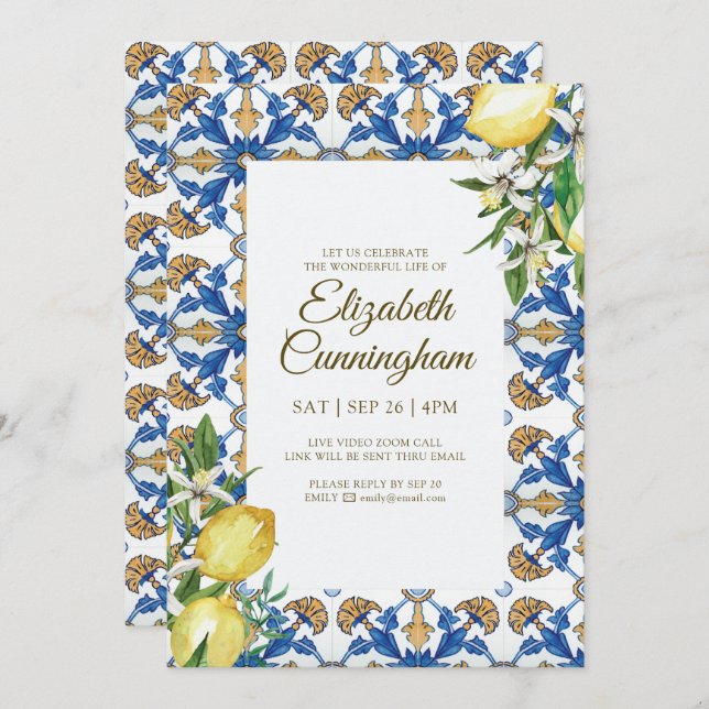 Virtual Celebration of Life Blue Mediterranean Invitation (Front/Back)