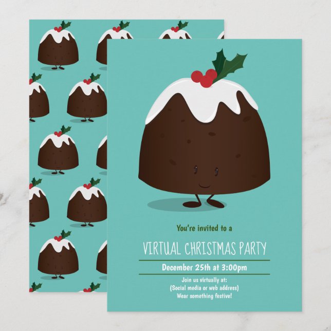 Virtual Christmas Party Pudding Holiday Teal White Invitation (Front/Back)