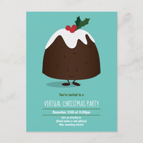 Virtual Christmas Party Pudding Teal White Cartoon Invitation Postcard