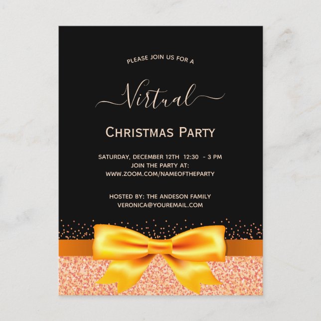 Virtual Christmas party rose gold black invitation Postcard (Front)