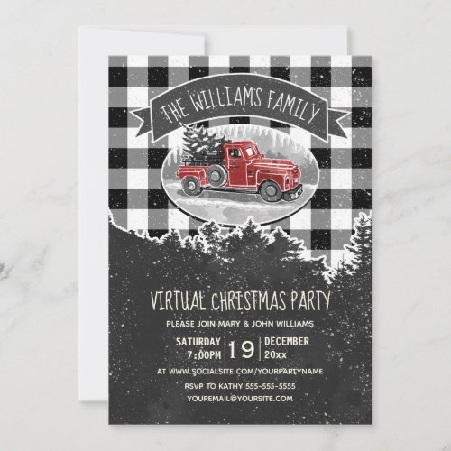 Virtual Christmas Party Vintage Red Truck Plaid Invitation