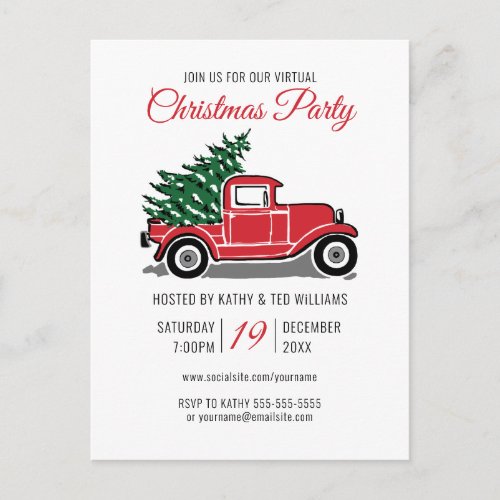 Virtual Christmas Party Vintage Red Truck Tree Invitation Postcard