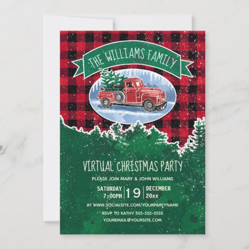 Virtual Christmas Party Vintage Truck Red Plaid Invitation