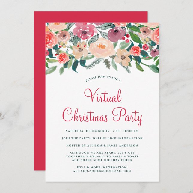 Virtual Christmas Party Winter Florals Greenery Invitation (Front/Back)