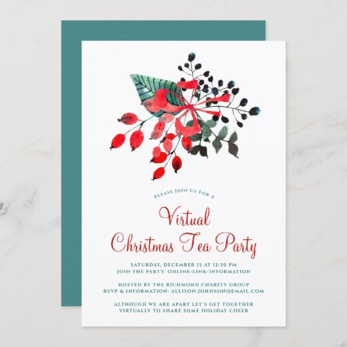 Virtual Christmas Tea Party Winter Berries Floral Invitation