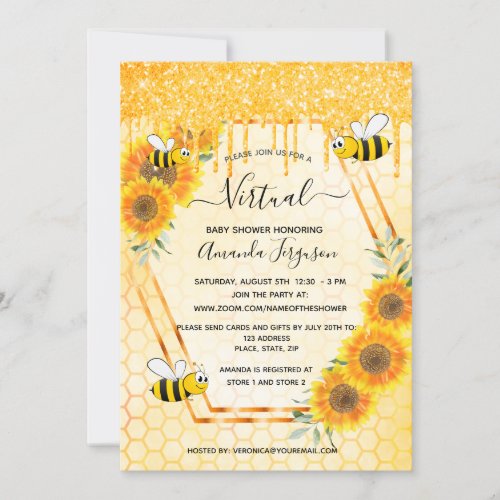 Virtual cute bee glitter sunflowers baby shower invitation