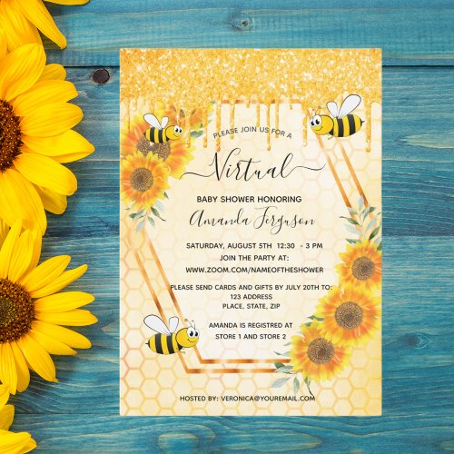 Virtual cute bee glitter sunflowers baby shower invitation