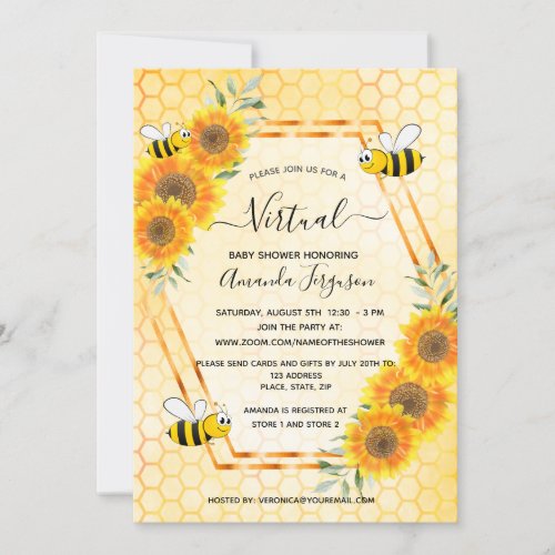Virtual cute bee honeycomb sunflowers baby shower invitation