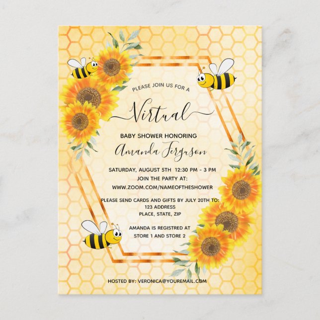 Virtual cute bee sunflowers baby shower invitation postcard (Front)