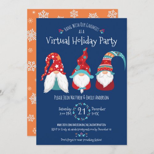 Virtual Cute Gnomes Christmas Holiday Party Blue Invitation