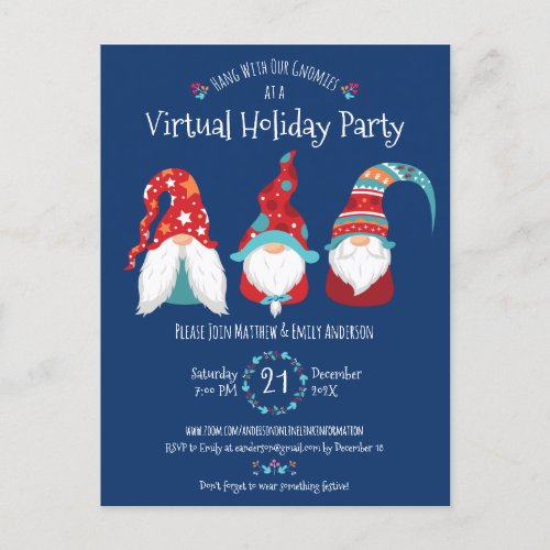 Virtual Cute Gnomes Christmas Holiday Party Blue Invitation Postcard