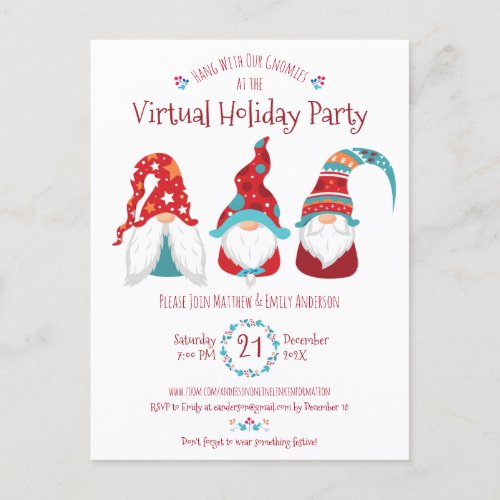 Virtual Cute Gnomes Modern Christmas Holiday Party Invitation Postcard