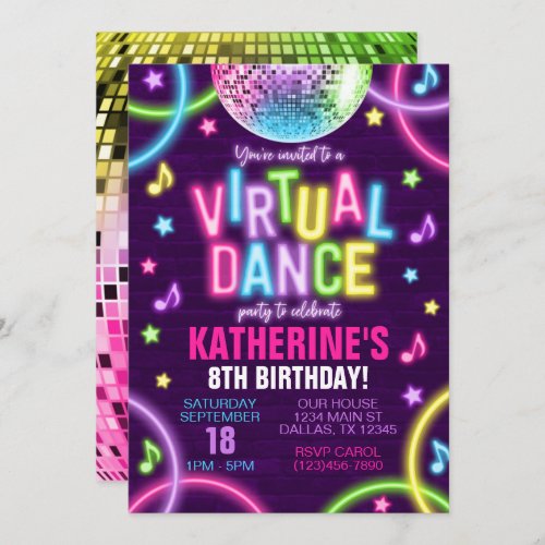 Virtual Dance Party Neon Glow Birthday Invitation
