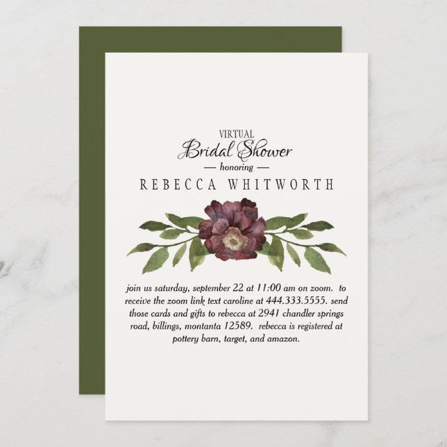 Virtual Deep Plum Floral & Foliage Bridal Shower Invitation (Front/Back)