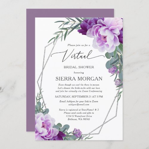 Virtual Elegant Silver Purple Floral Bridal Shower Invitation